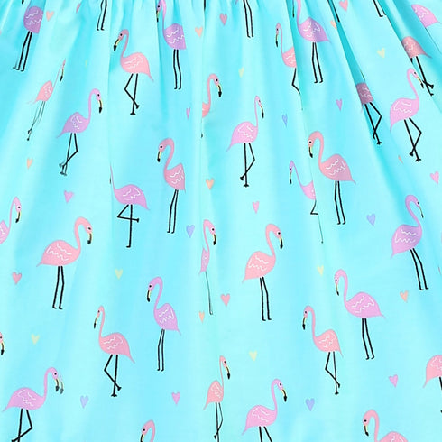 Girls Teal Flamingo Print Shoulder Tie Cotton Dress, Sizes 2-14